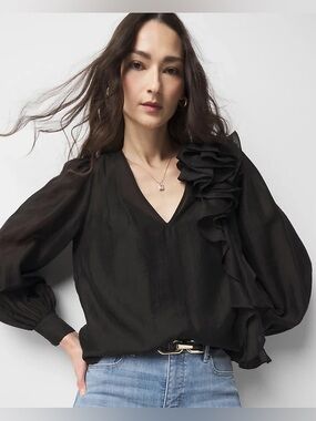 White House Black Market Ruffle Statement Blouse Black V-Neck Puff Sleeve Size 6